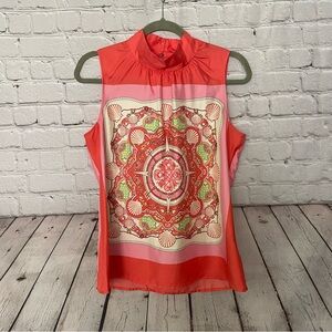 Vineyard Vines 100% Silk Size 10 High Neck Seashell Colorful Sleeveless Blouse